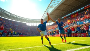 Fans cheering for ผลบอลวันนี้ highlights in a football stadium filled with excitement.
