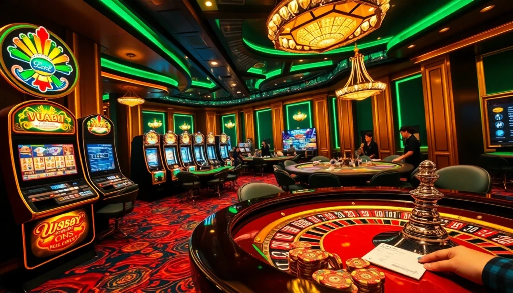 Experience the thrill of the vuabai9 casino with engaging players around roulette and slot machines.