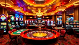 Engaging scene of gamblers enjoying thabet vegas with vibrant tables and luxury slot machines.