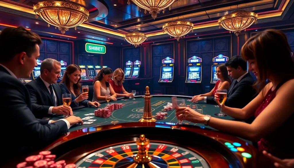 High-stakes poker action at SHBET casino, showcasing players and vibrant chips.