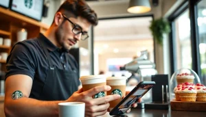 스타벅스 모바일쿠폰 사용법을 안내하는 바리스타의 모습