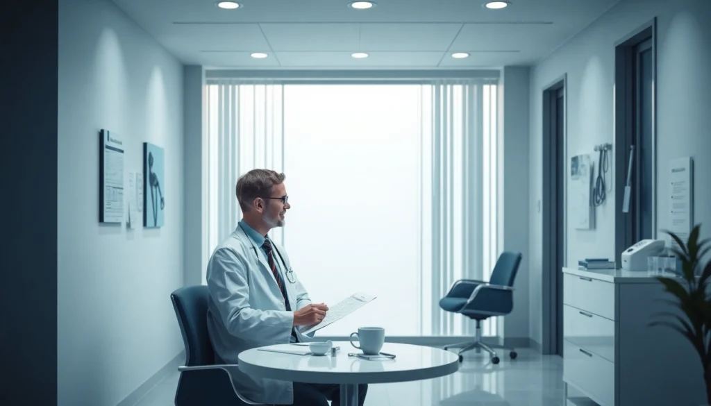 包茎手術 おすすめ を示す、医師が患者を診察している専門的な医療クリニックの内装。