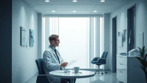 包茎手術 おすすめ を示す、医師が患者を診察している専門的な医療クリニックの内装。