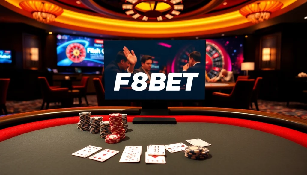 F8BET casino showcasing an elegant poker table with chips and cards, reflecting excitement.