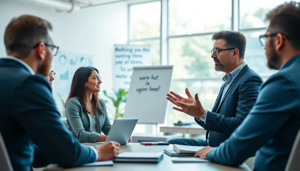 Engaging business coaching service session showcasing a diverse group actively discussing strategies.