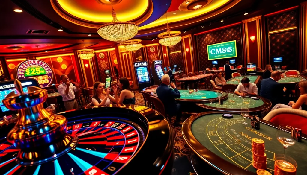 Exciting gaming scene featuring CM88-themed casino elements with roulette and poker action.
