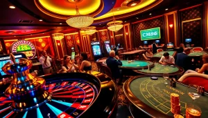 Exciting gaming scene featuring CM88-themed casino elements with roulette and poker action.