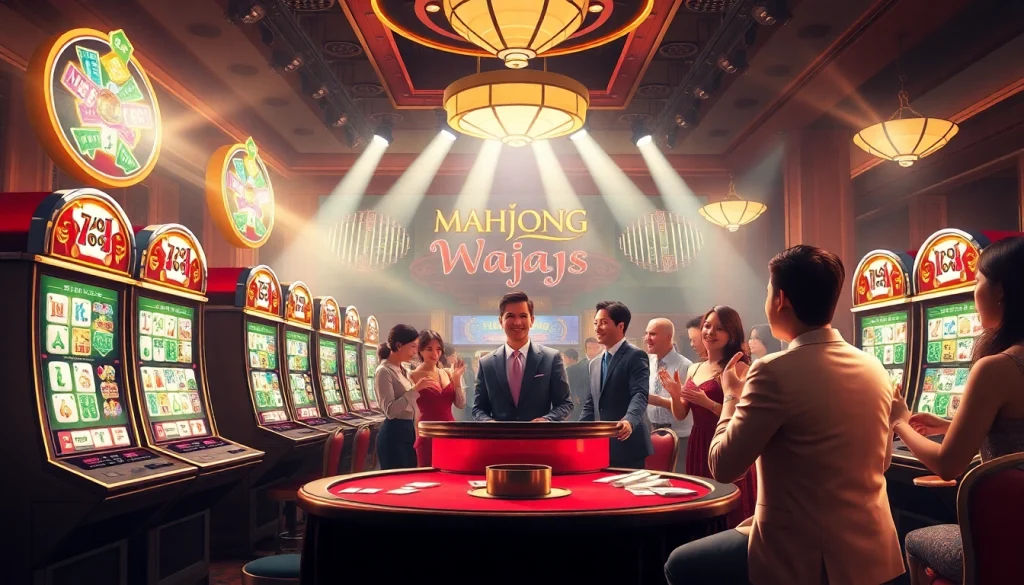 Players enjoying Mahjong Ways 2 at a vibrant casino, celebrating exciting wins and gameplay.