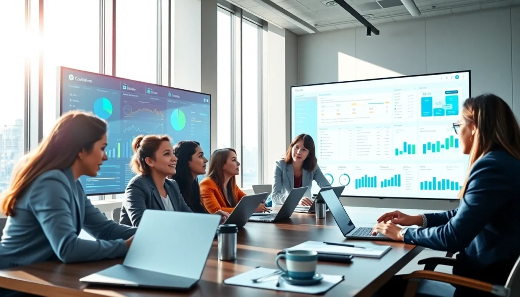 Team collaborating on data at modern office showcasing 1cplatform's features.