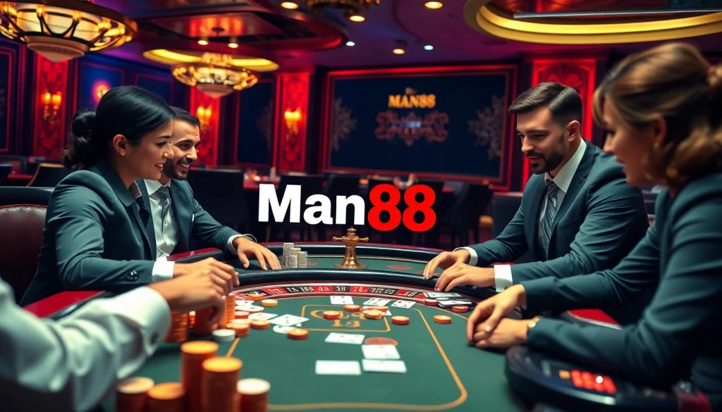 Man88 poker players in an upscale casino, showcasing strategic gameplay and vibrant casino ambiance.