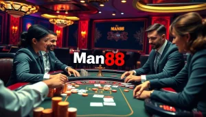 Man88 poker players in an upscale casino, showcasing strategic gameplay and vibrant casino ambiance.