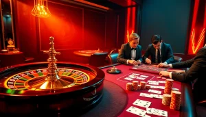 Experience luxury gaming action at https://ev882.sa.com/ with a vibrant casino scene featuring roulette and poker.