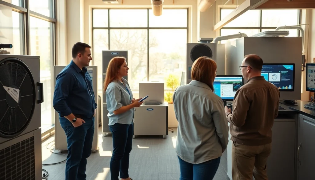 Engaged hvac dealers collaborating in a bright office environment highlighting services.