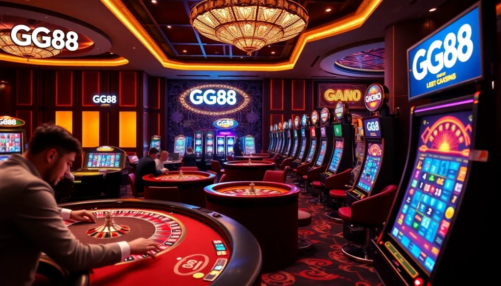 Experience the thrilling ambiance of GG88 casino with vibrant games and elegant players enjoying their bets.