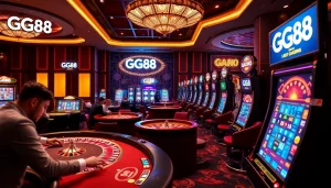 Experience the thrilling ambiance of GG88 casino with vibrant games and elegant players enjoying their bets.