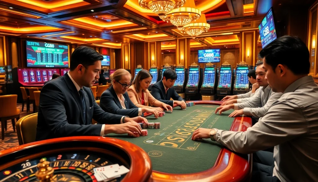 Engaged players at a GG88 casino poker table, capturing the luxury and excitement of gambling.
