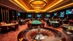 Excited players engaging in gaming at the luxurious 789f nhà cái casino floor with vibrant bets.