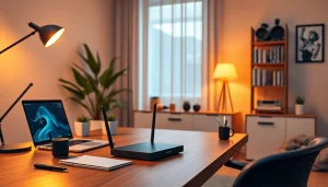 Router không dây AX88 Code được trưng bày nổi bật trong một văn phòng tại nhà hiện đại.