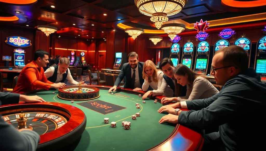 Players experiencing sbobet excitement at a luxurious casino poker table with vibrant atmosphere.