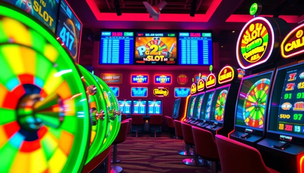 Menggambarkan permainan slot depo 1k dengan mesin slot berwarna-warni yang bersinar dan interaktif.