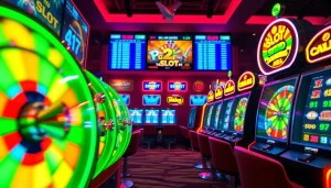 Menggambarkan permainan slot depo 1k dengan mesin slot berwarna-warni yang bersinar dan interaktif.