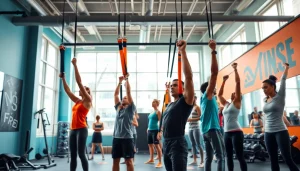 Engaging scene of diverse individuals using pull-up assist bands in a bright, modern gym.