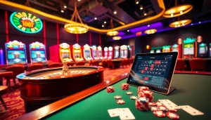 Experience the excitement of Tool xổ số siêu tốc with luxurious casino elements, roulette, and poker tables.