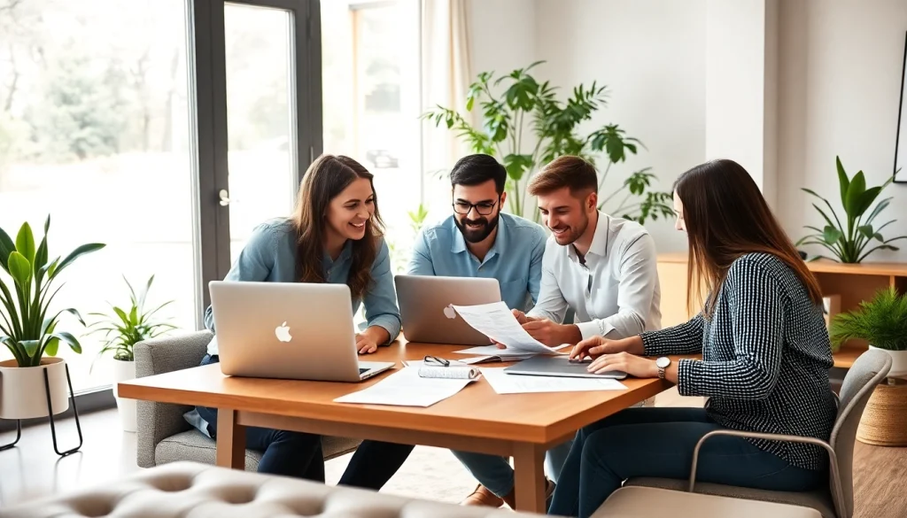 Hire remote salespeople collaborating in a bright, modern office environment.