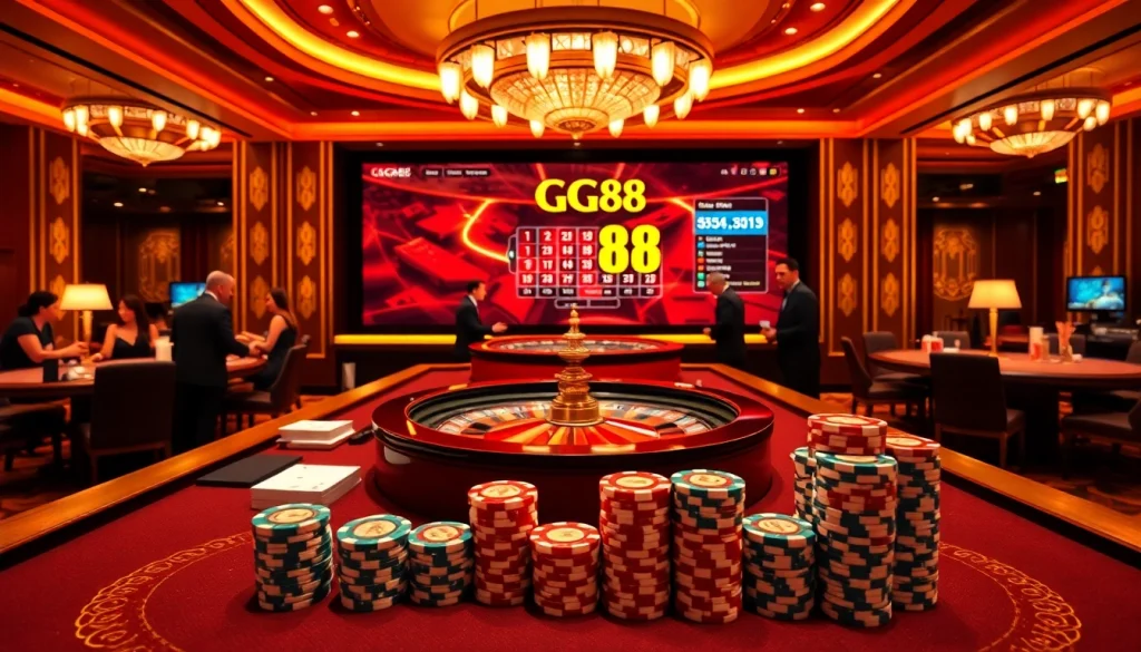 Exciting GG88 casino gaming table with vibrant colors and professional dealers engaging players.