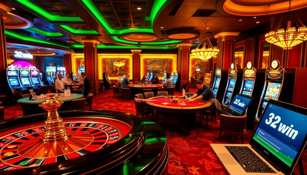Experience winning at 32win with lively roulette and poker tables, capturing the thrill of casino excitement.