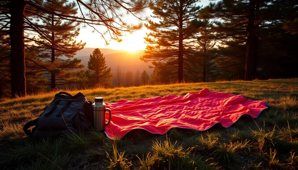 Bright red emergency blanket set on grassy hilltop, inviting outdoor safety and comfort.