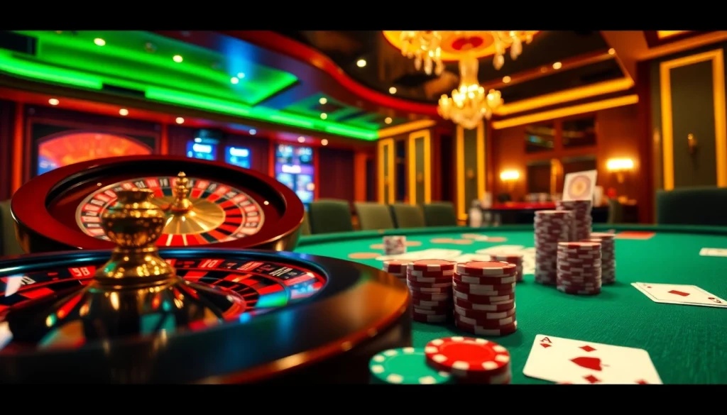 Experience the excitement of KJC RR88 in a luxurious casino setting filled with roulette wheels and poker chips.