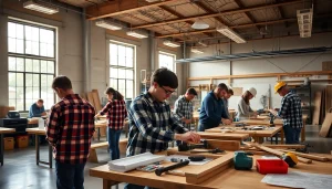 Engaged students learning in construction classes, focusing on hands-on skills in a workshop.