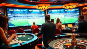 Engaging gamblers analyzing เทคนิคแทงบอล strategies in a luxurious casino environment.