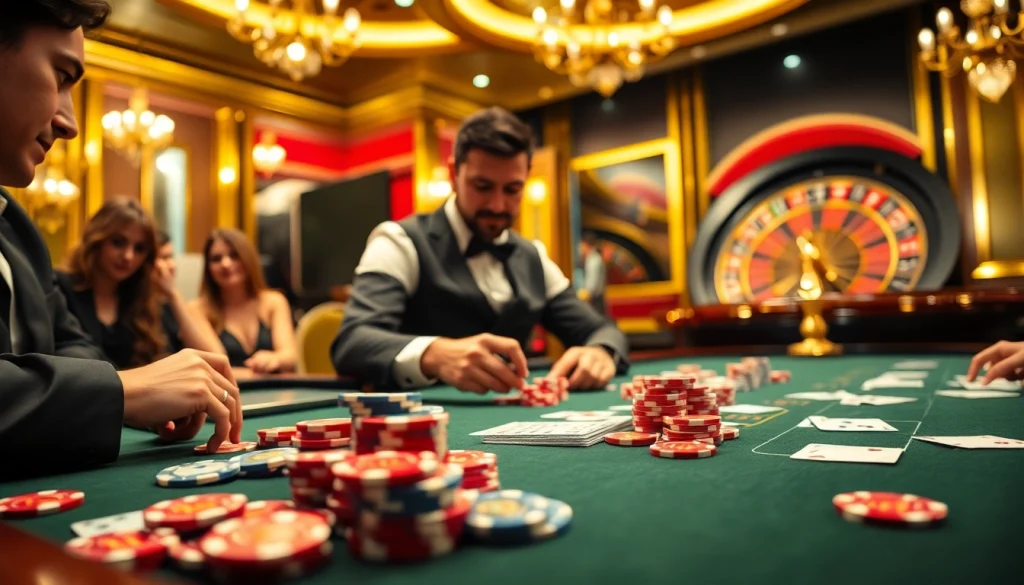 Rasakan sensasi Datuk Win saat para pemain terlibat di meja kasino yang menakjubkan, dipenuhi dengan chip poker berwarna-warni dan kartu.