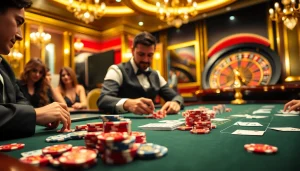 Rasakan sensasi Datuk Win saat para pemain terlibat di meja kasino yang menakjubkan, dipenuhi dengan chip poker berwarna-warni dan kartu.