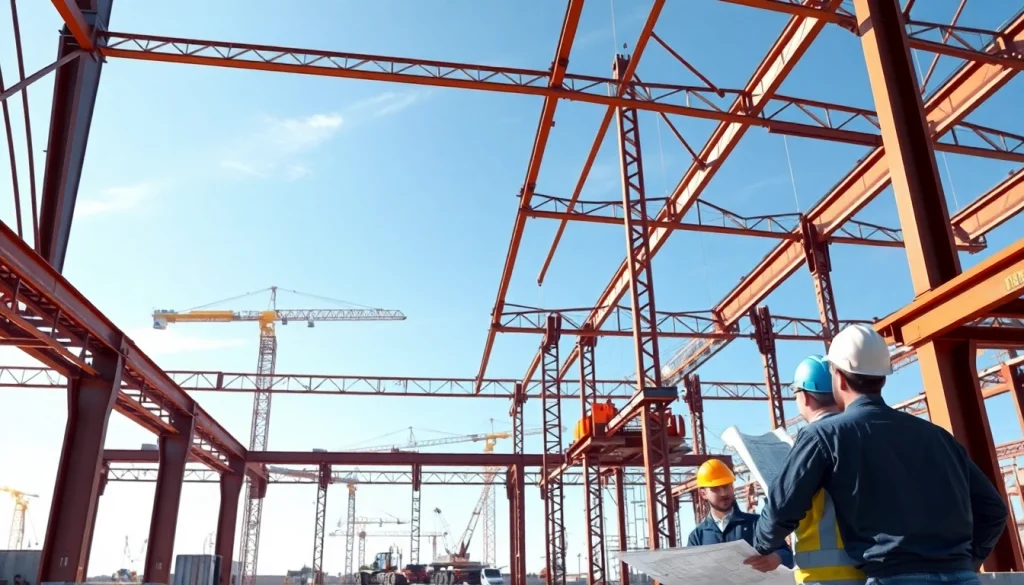 Illustration of a steel structure design showcasing construction workers and heavy machinery.