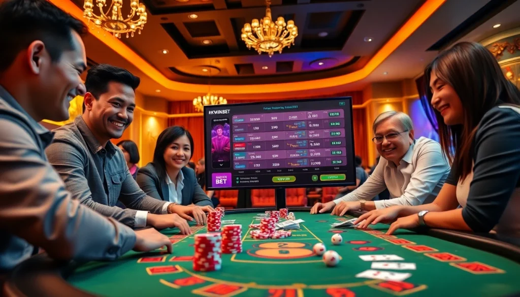 A dynamic KKWIN BET casino scene featuring excited players engaging with high-tech betting interfaces and luxurious decor.