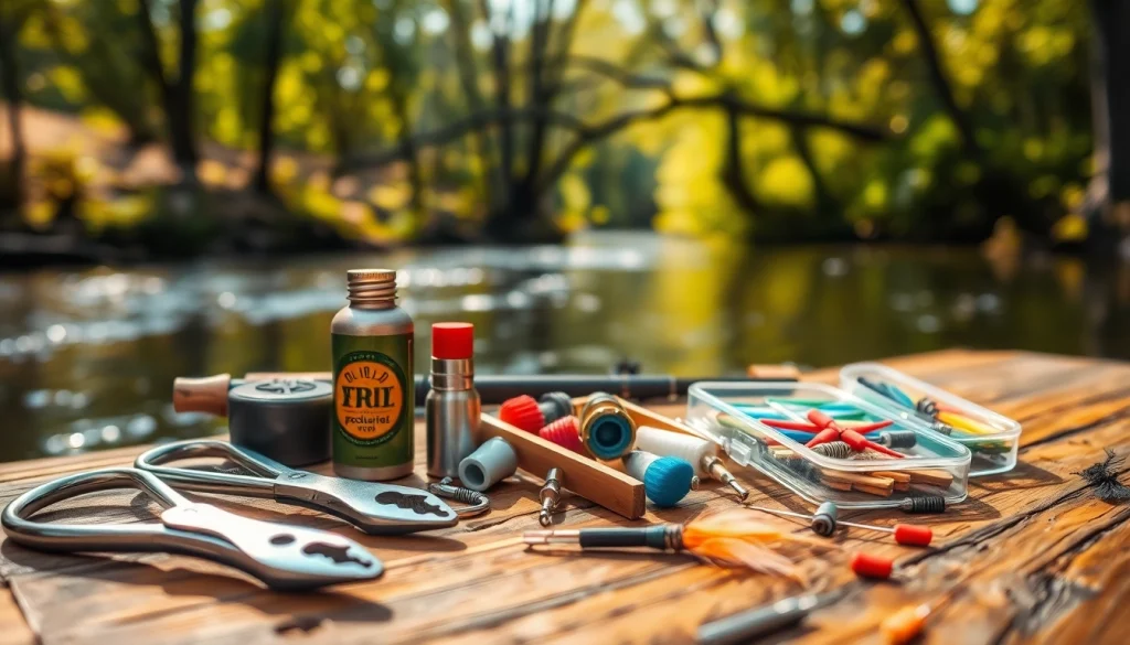 Showcase of various Fly fishing accessories arranged creatively with a natural river backdrop.