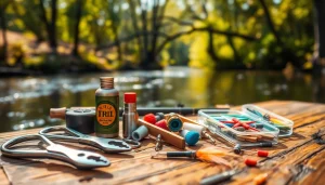 Showcase of various Fly fishing accessories arranged creatively with a natural river backdrop.