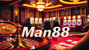 Experience the thrill of gambling at Man88 with elegant casino tables and vibrant slot machines.