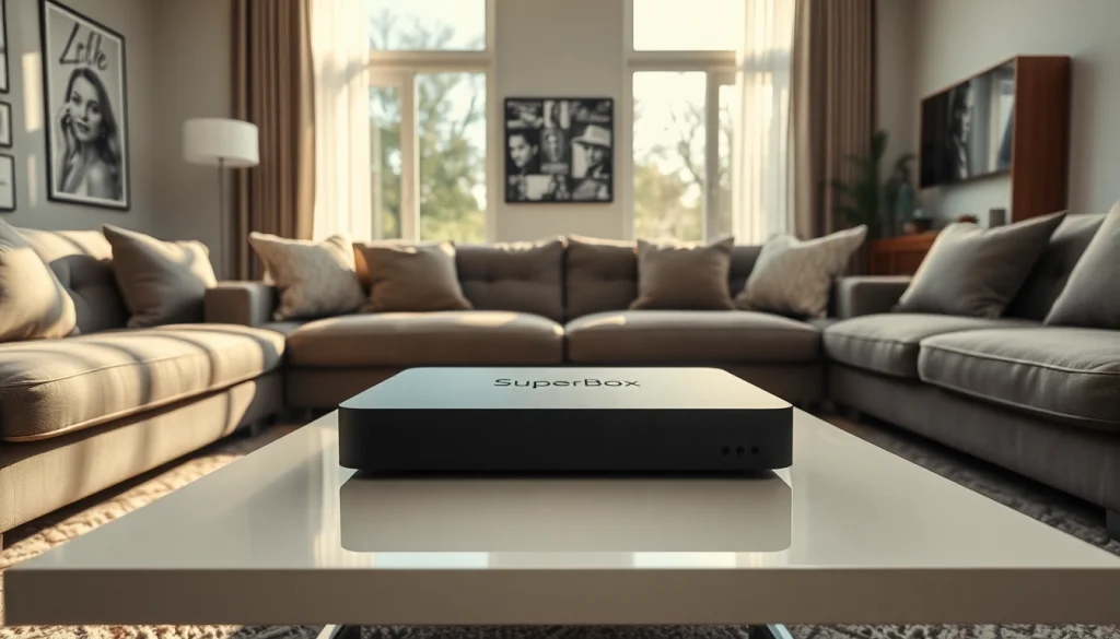 Showcasing the SuperBox official store Android TV Box on a coffee table in a stylish living room setting.