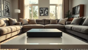 Showcasing the SuperBox official store Android TV Box on a coffee table in a stylish living room setting.