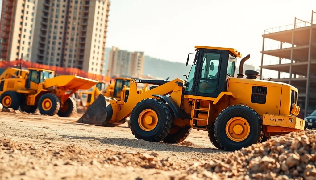 Rent wheel loaders operating efficiently at a construction site with earth movers.