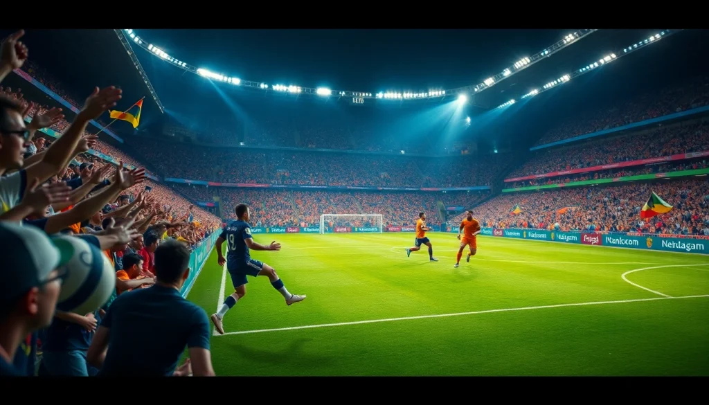 إثارة مباراة كرة القدم على كورا لايف مع اللاعبين والجماهير والألوان الزاهية.