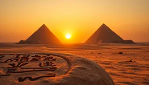 Pyraminds stand majestically in a vibrant sunset, showcasing their ancient grandeur and intricate designs.