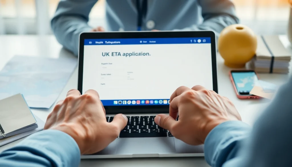 User engaging in the uk eta online application process, showcasing a digital workspace with travel documents.