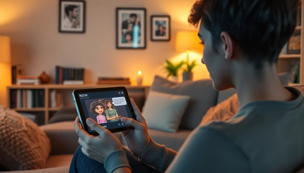 Engaging nsfw ai chat in a comfortable living room setting, showcasing a friendly AI character.