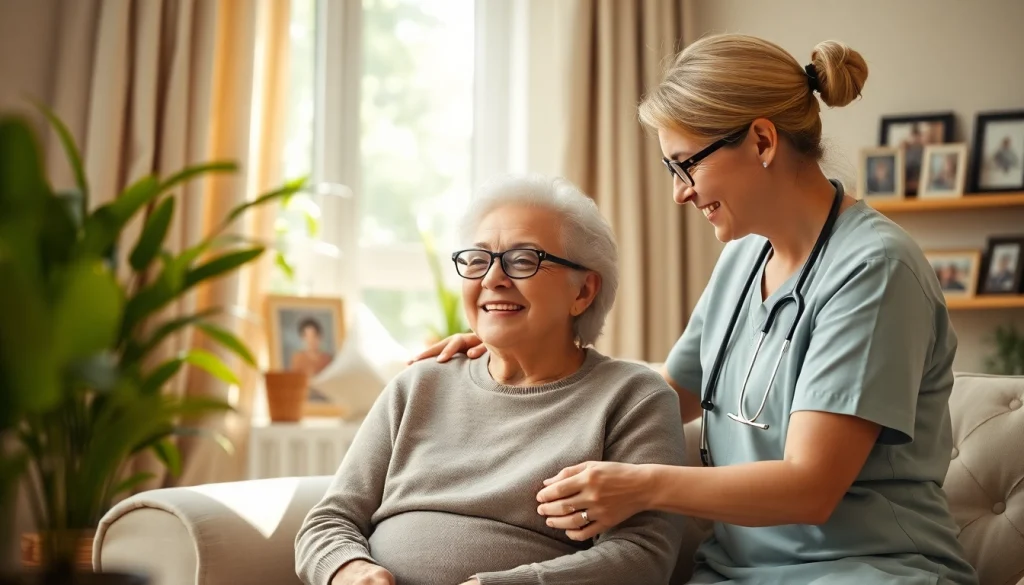 Engaging caregiver providing in home senior care to a senior in a warm living room.