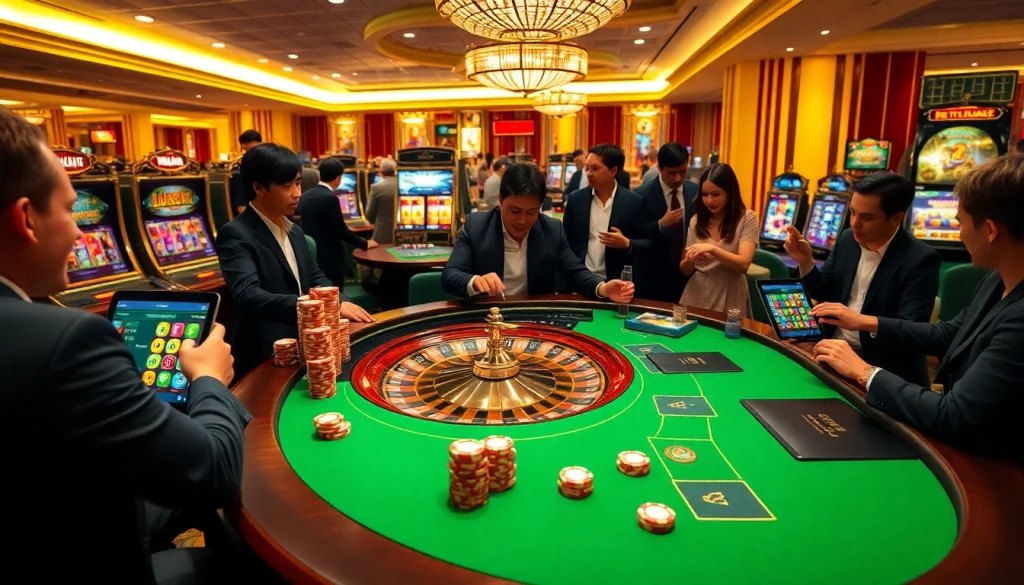 LUCK8 gaming table filled with vibrant poker chips and a spinning roulette wheel.